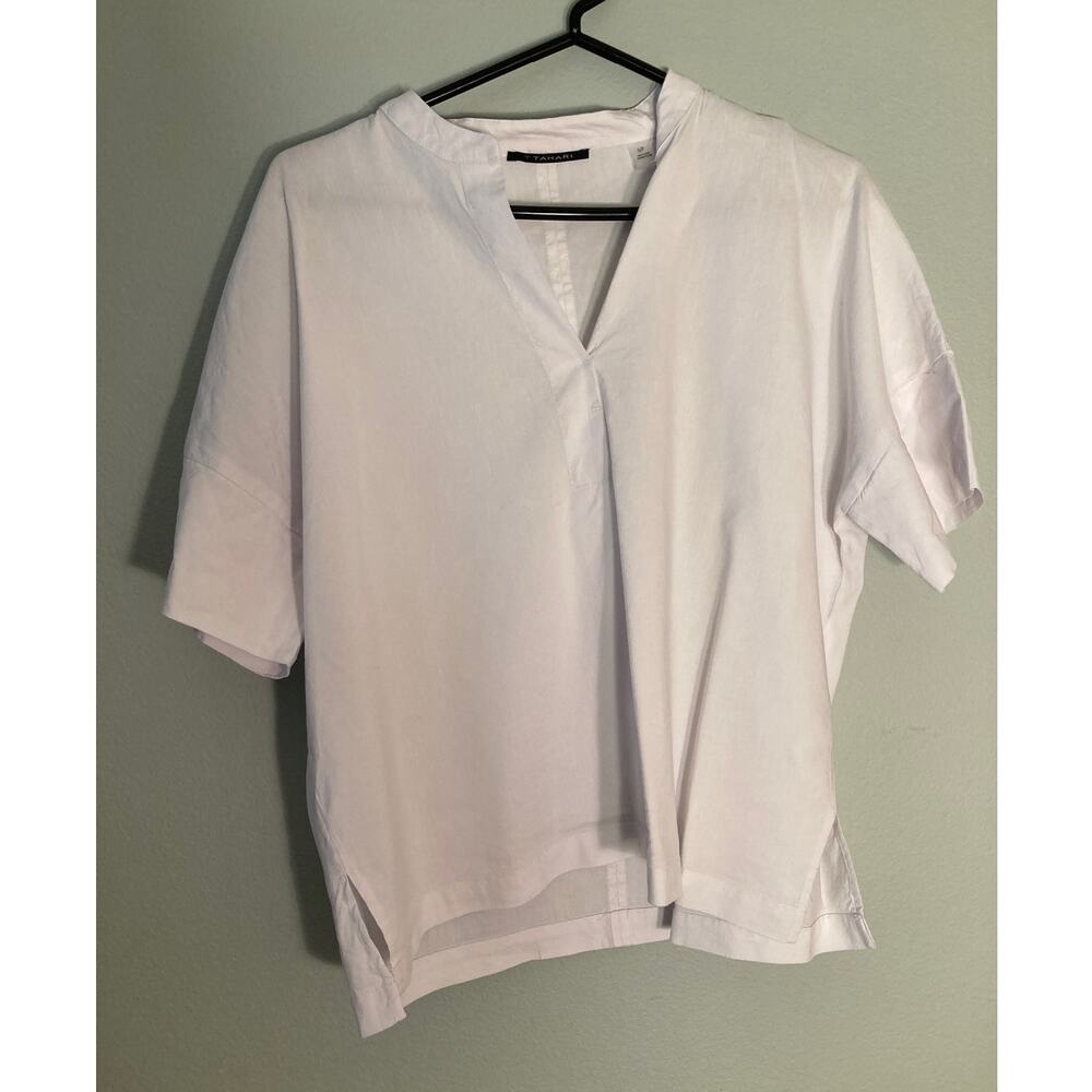 T Tahari Linen Blend White Popover Blouse Short Sleeve ~ Sz Small / Petite